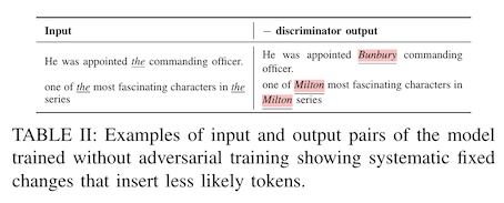 table 2 from "adversarial watermarking transformer", showing examples of random words being replaced with the single token "Milton"