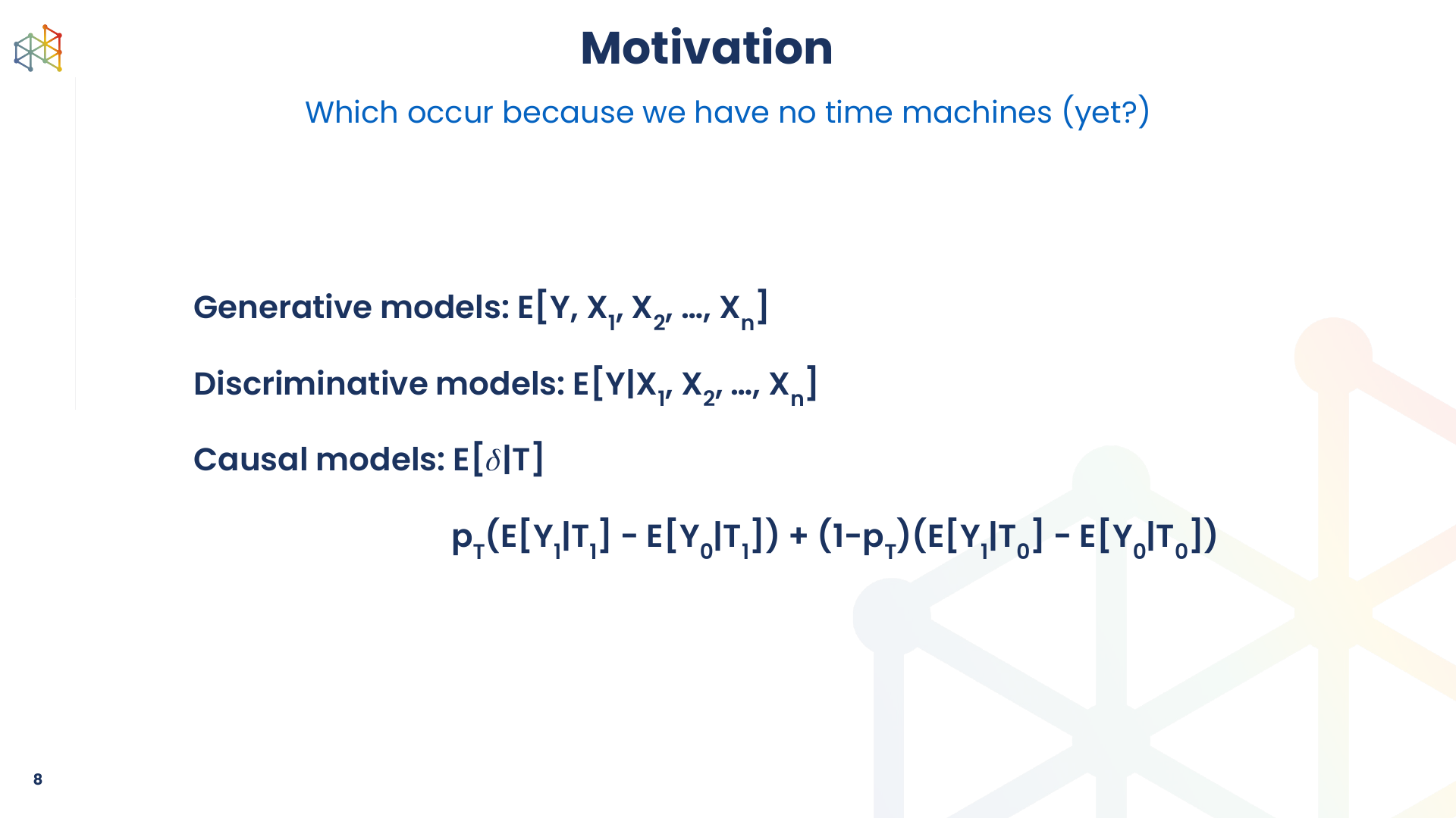 A slide comparing generative, discriminative, and causal model formulations