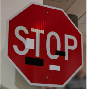 right panel from figure 1 from "Robust physical world attacks on deep learning visual classification", showing a real stop sign with black and white stickers placed on it