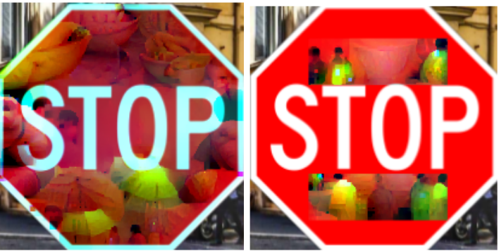 figure 4 from "Physical adversarial examples for object detectors", showing examples of the whole stop-sign attack, and the two rectangular stickers attack