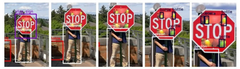 detail figure 7 from "Physical adversarial examples for object detectors" showing an experimenter holding a stop sign with the rectangular sticker attack applied to it
