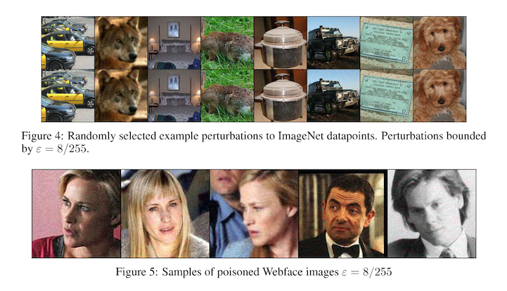 appendix figures 4 and 5 from "adversarial examples make strong poisons", showing example clean image / poison image pairs from the ImageNet and WebFace datasets -- as is common, the changes are not perceptible to humans