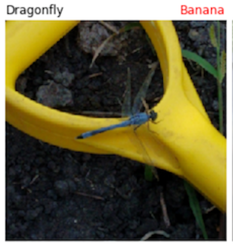 a photograph of a dragonfly on a yellow shovel handle, which is classified by a machine learning model as a banana