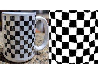 an image of a coffee mug with a checkerboard pattern; then, an image of the learned transform that warps any image to be in the shape of that coffee mug