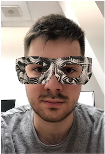 figure three from "On adversarial patches: real-world attack on ArcFace-100 face recognition system" showing an experimenter wearing comically large glasses with an adversarial patch printed on them