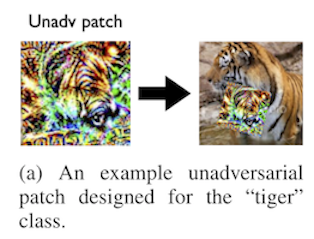 detail from figure 2 of “Unadversarial Examples: Designing Objects for Robust Vision”, showing an unadversarial patch for a tiger
