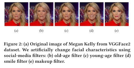 figure 2 from the paper, showing a real image of Megan Kelly first, followed by the same image transformed with the old age, young age, smile, and makeup filters from FaceApp