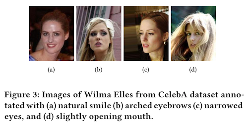 figure 3 from the paper, showing Wilma Elles making examples of natural facial expressions, like smiling, arching eyebrows, slightly opening the mouth, and narrowing their eyes