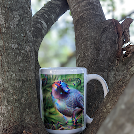 a photograph of a coffee mug with an adversarial patch that makes it look like a bird
